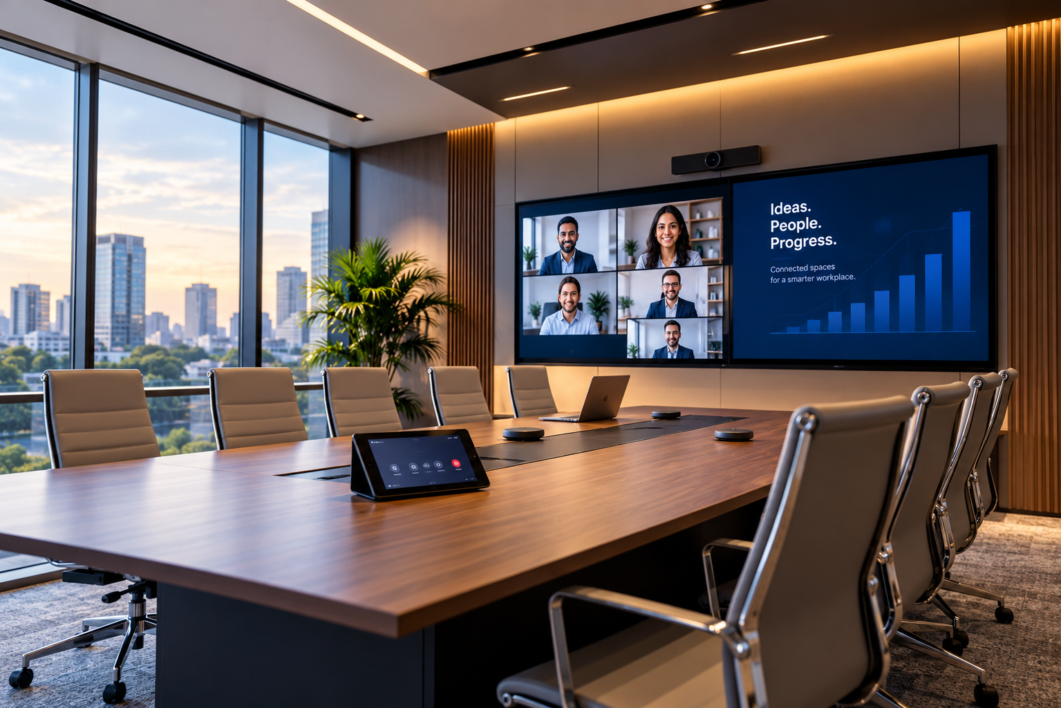 Modern corporate conference room with integrated audiovisual systems